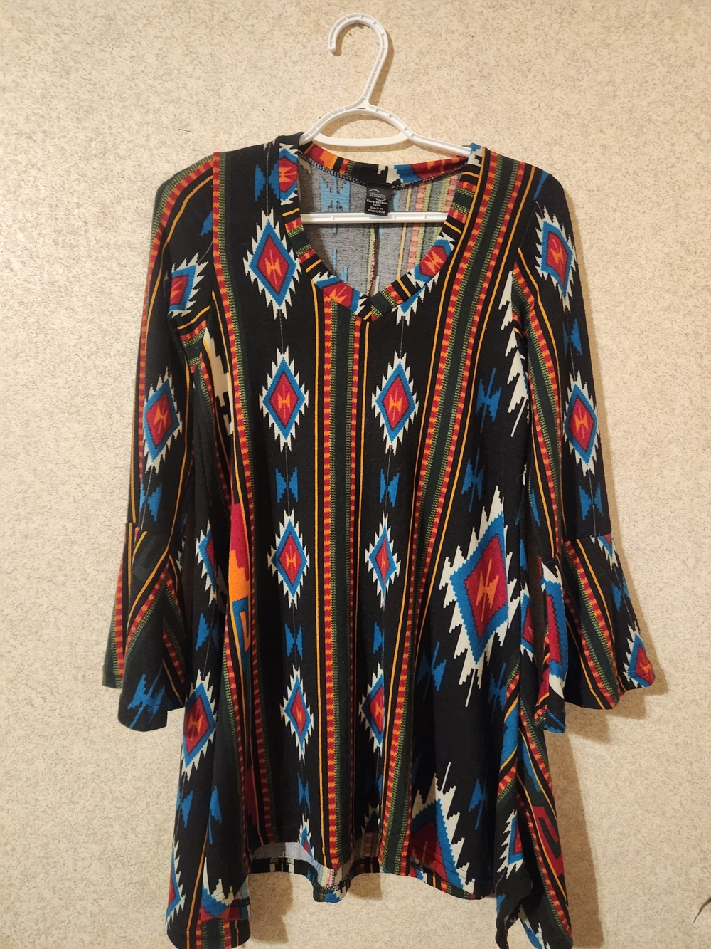 WinWin Black Aztec V-Neck Tunic with Blue & Red Accents
